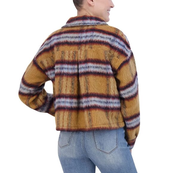 Vigoss M Brushed Plaid Crop Jacket Faux Fur Aztec Western Shacket Chest Pocket - Picture 12 of 16